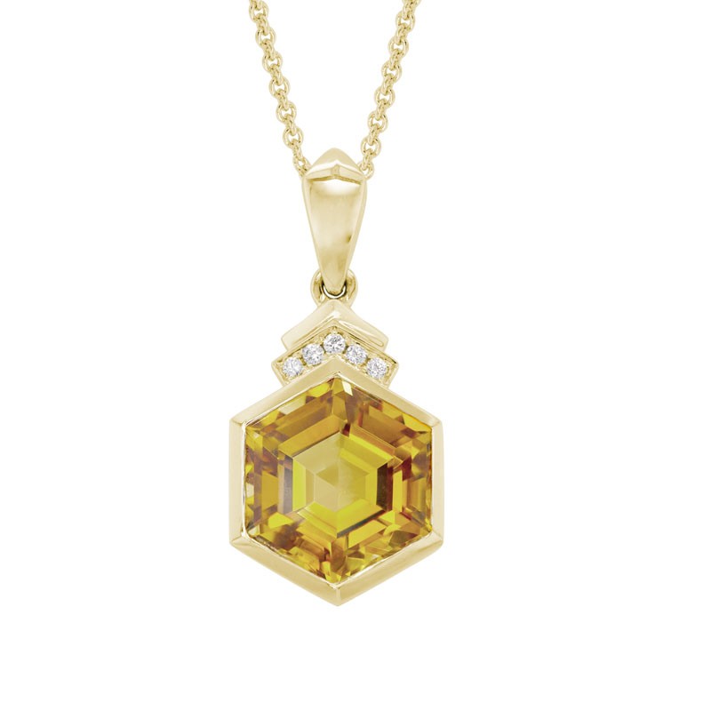 14K YELLOW GOLD BEZEL SET 8MM HEXAGON CITRINE PENDANT WITH .02CTTW ROUND SI CLARITY & GH COLOR DIAMONDS ON A 16+2