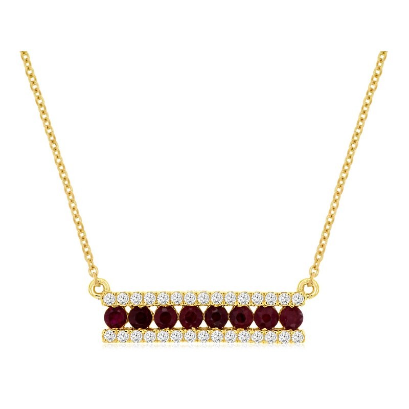 14K YELLOW GOLD BAR PENDANT WITH .44CTTW ROUND RUBIES AND .19CTTW ROUND I1 CLARITY & HI COLOR DIAMOND SET ON THE SIDES ON A CABLE CHAIN