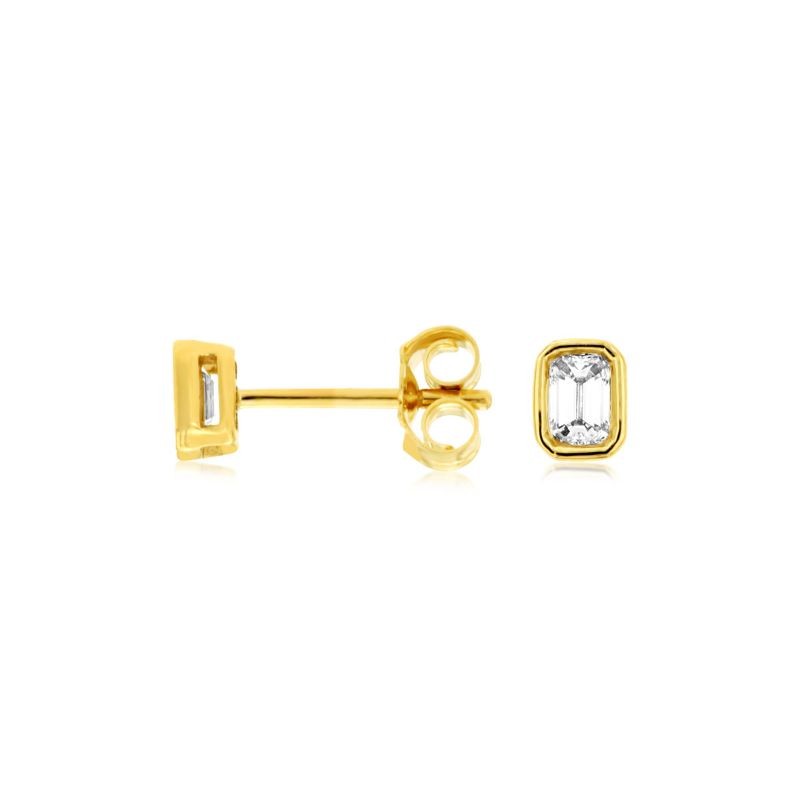 14K YELLOW GOLD POST EARRINGS WITH .25CTTW I1 CLARITY & HI COLOR EMERLAD CUT BEZEL SET DIAMONDS
