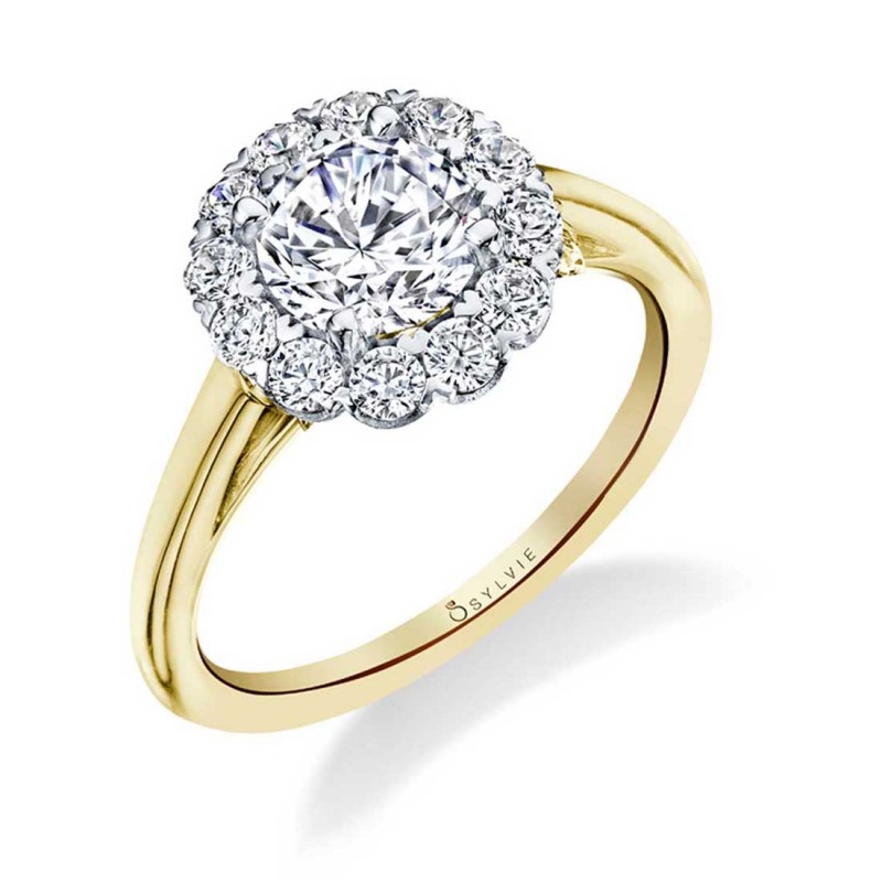 Round Cut Classic Two Tone Cushion Halo Engagement Ring With Yellow Gold Band - Chloe