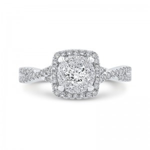 Diamond Halo Engagement Ring with Criss-Cross Shank in 14K White Gold