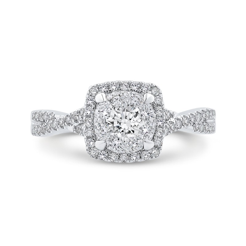 Diamond Halo Engagement Ring with Criss-Cross Shank in 14K White Gold