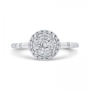 Round & Baguette Cut Diamond Halo Engagement Ring in 14K White Gold