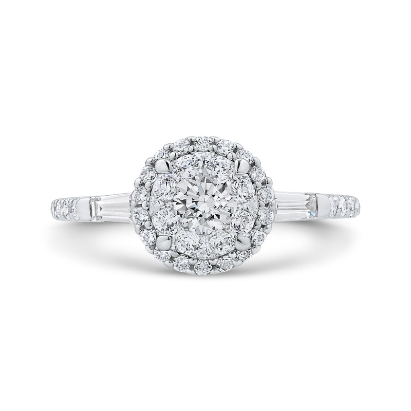 Round & Baguette Cut Diamond Halo Engagement Ring in 14K White Gold