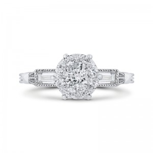 Round and Baguette Cut Diamond Engagement Ring in 14K White Gold