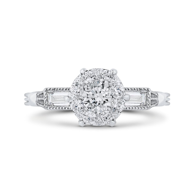 Round and Baguette Cut Diamond Engagement Ring in 14K White Gold