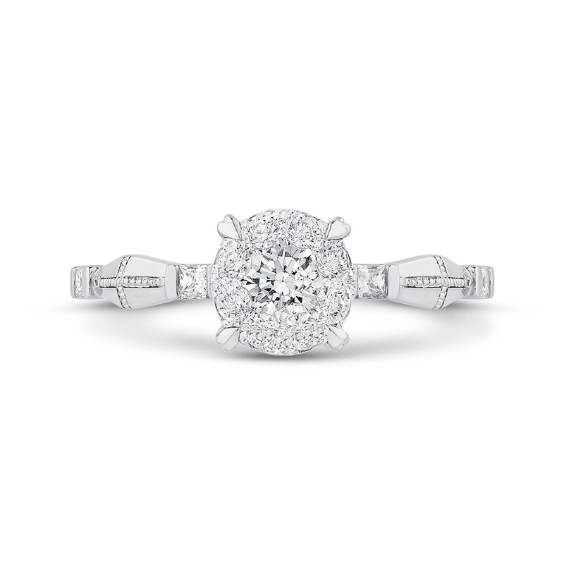 Round & Princess Cut Diamond Engagement Ring in 14K White Gold