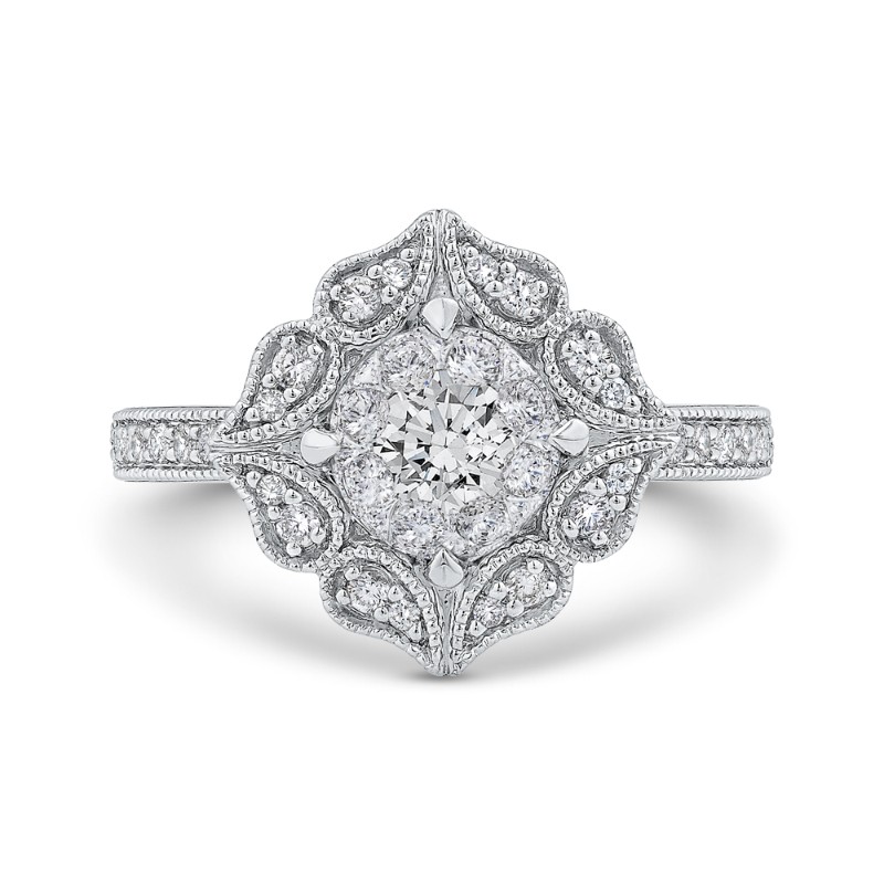 Diamond Flower Shape Engagement Ring in 14K White Gold