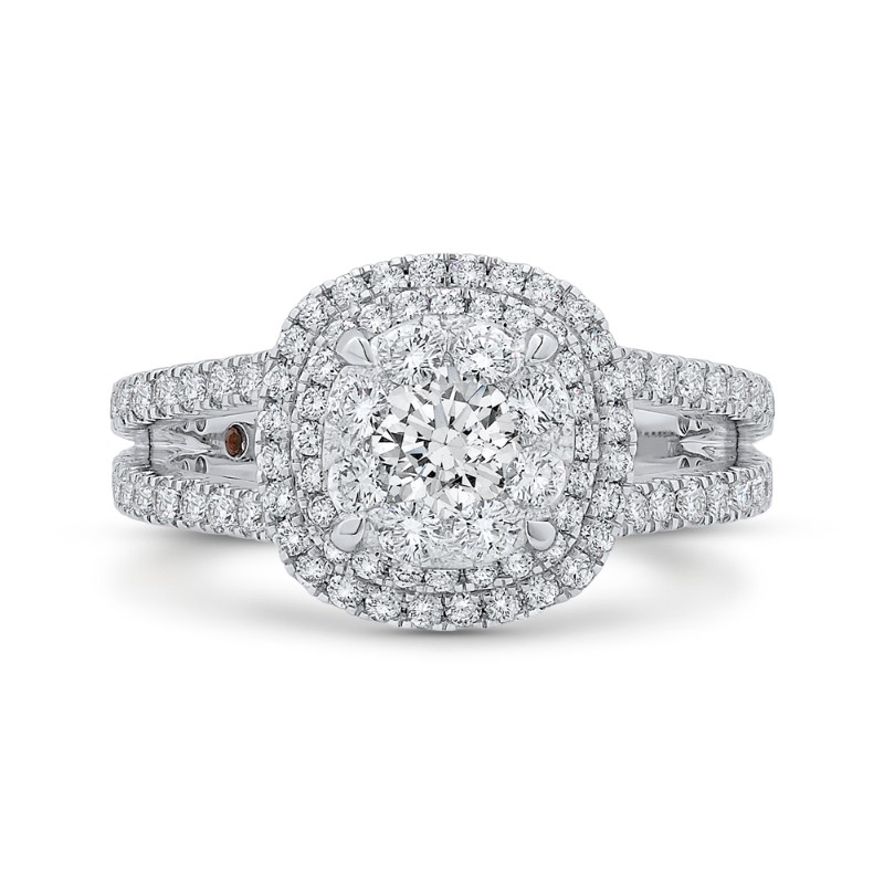 Round Diamond Double Halo Engagement Ring with Blue Sapphire in 14K White Gold