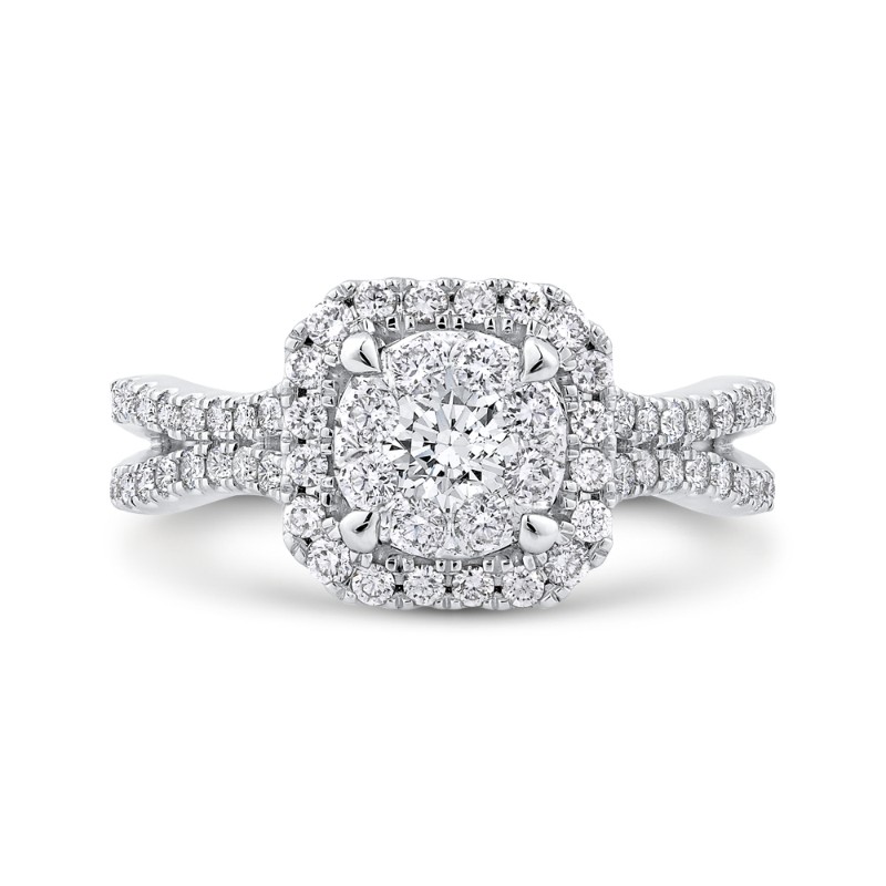 Split Shank Round Diamond Halo Engagement Ring in 14K White Gold