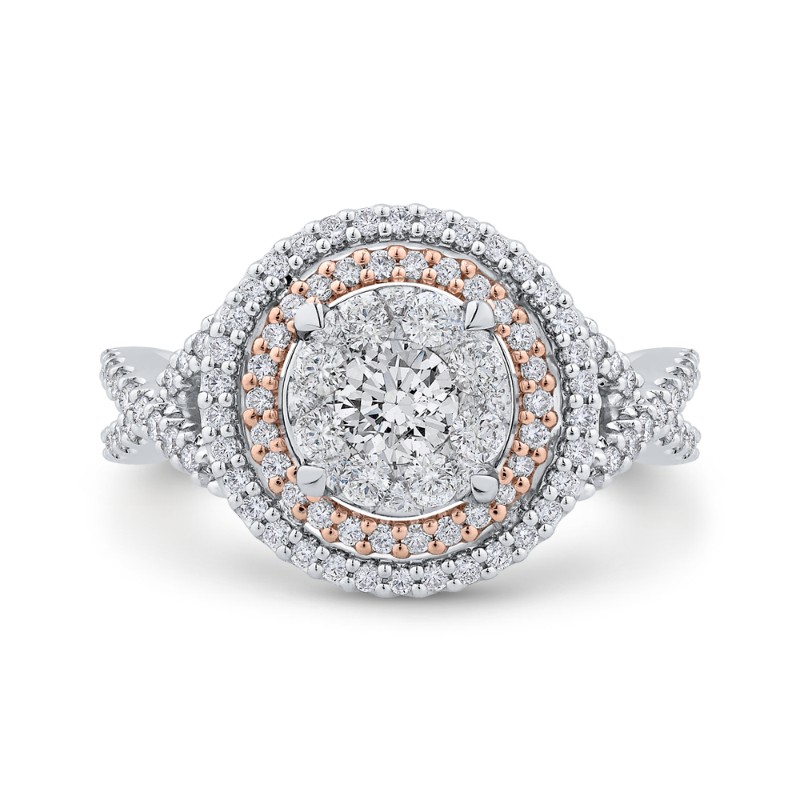 Split Shank Round Diamond Double Halo Engagement Ring in 14K Two Tone Gold