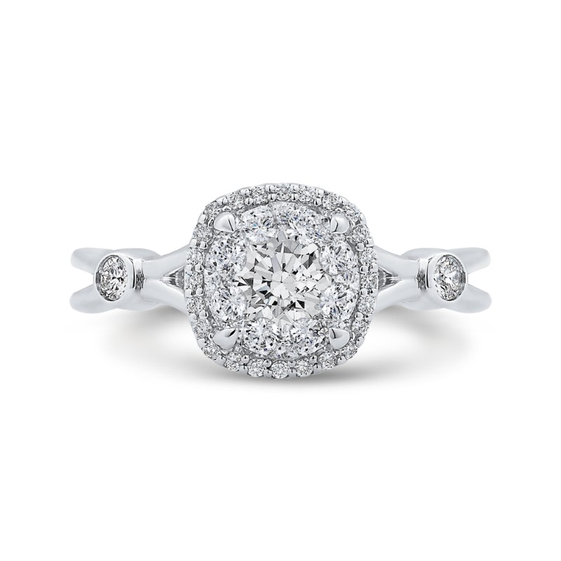 Split Shank Round Diamond Halo Engagement Ring in 14K White Gold