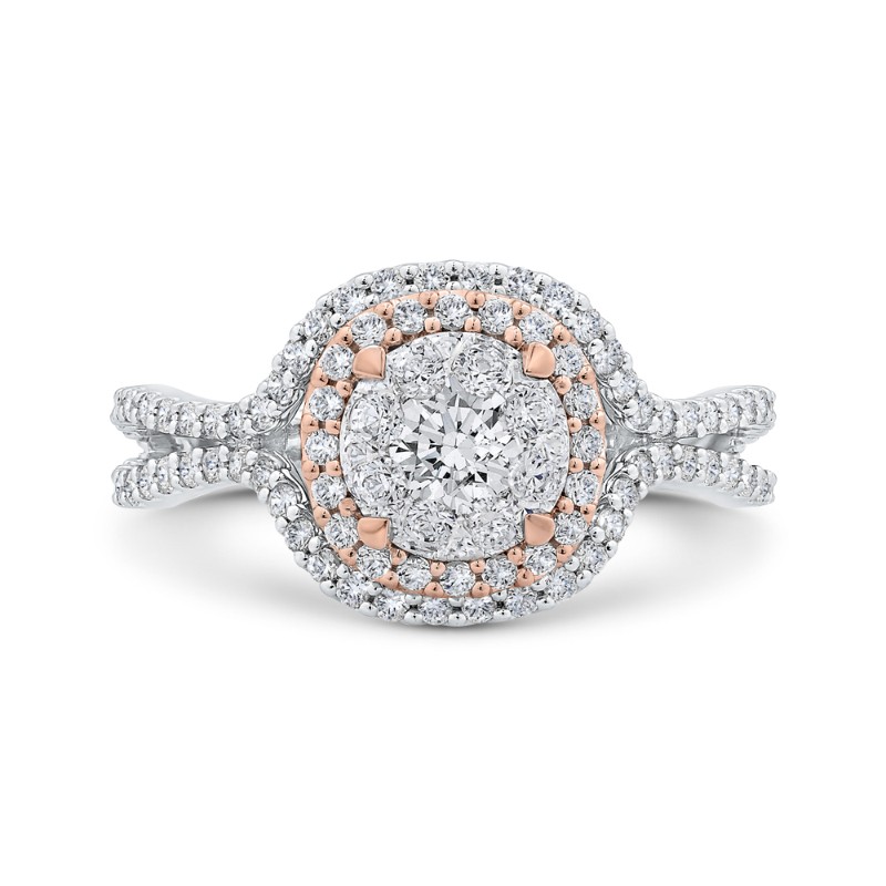 Split Shank Round Diamond Halo Engagement Ring in 14K Two Tone Gold