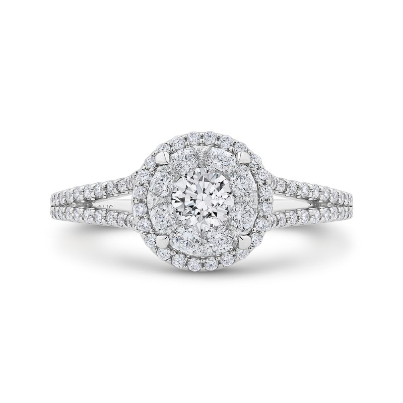 Split Shank Round Diamond Halo Engagement Ring in 14K White Gold