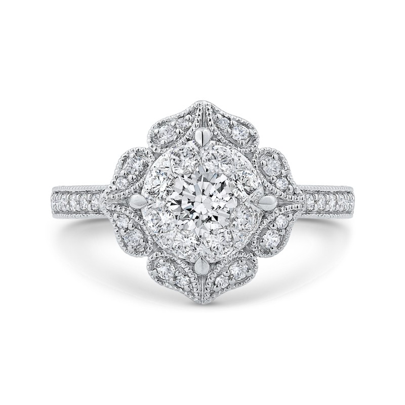 Diamond Flower Shape Engagement Ring in 14K White Gold