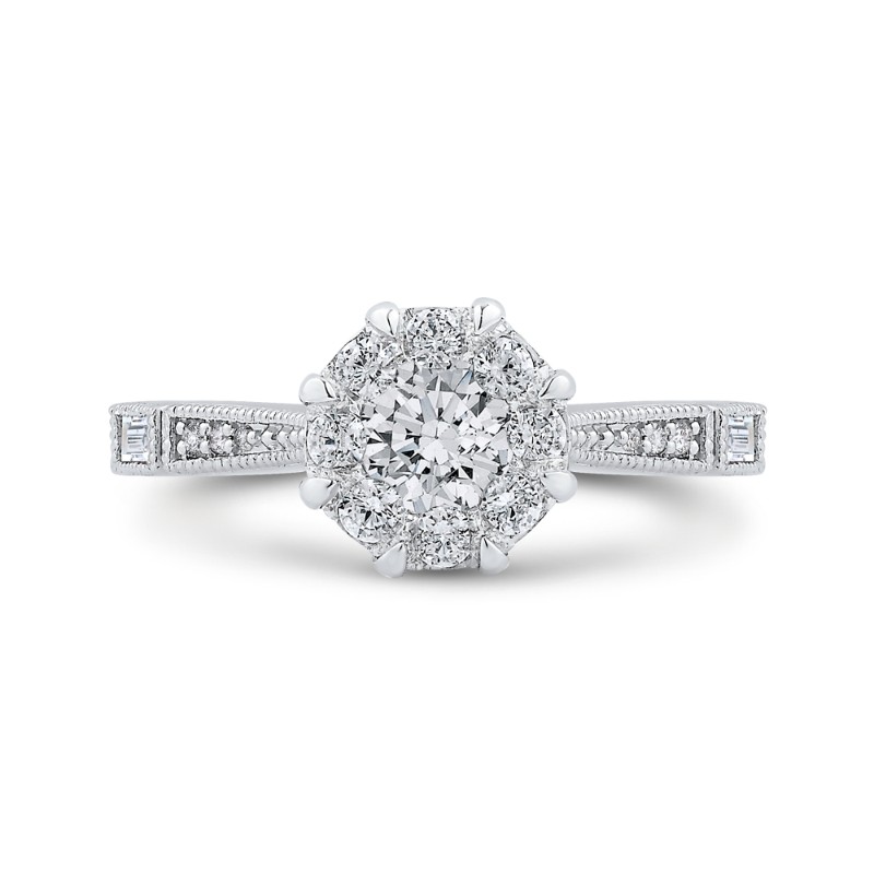 Round & Baguette Cut Diamond Engagement Ring in 14K White Gold