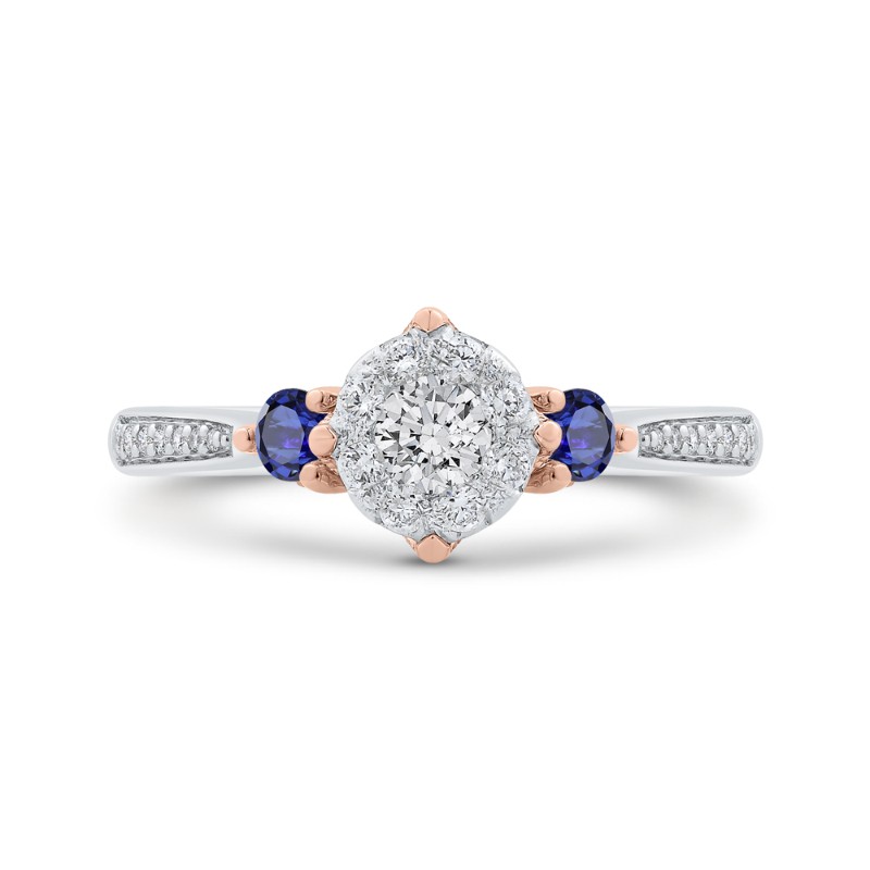 Round Diamond Three-Stone Engagement Ring with Blue Sapphire in 14K Two Tone Gold