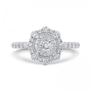 Diamond Flower Halo Engagement Ring in 14K White Gold