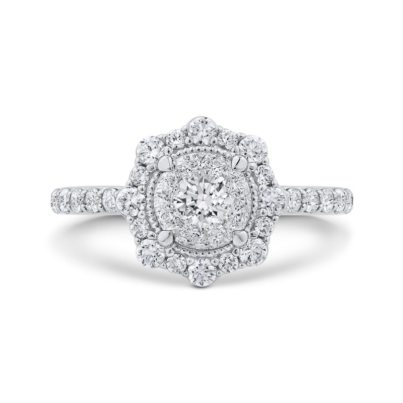 Diamond Flower Halo Engagement Ring in 14K White Gold