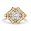 Round Diamond Double Halo Engagement Ring with Blue Sapphire in 14K Two Tone Gold