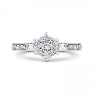 Round & Baguette Cut Diamond Engagement Ring in 14K White Gold