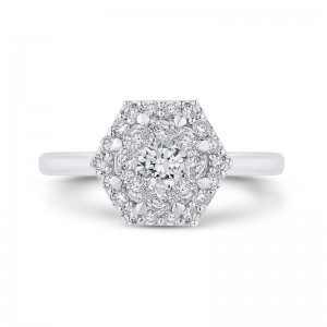 Round Dimaond Hexagon Shape Halo Engagement Ring in 14K White Gold