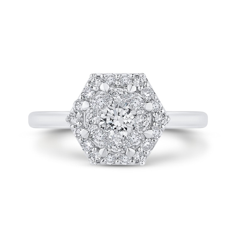 Round Diamond Hexagon Shape Halo Engagement Ring in 14K White Gold