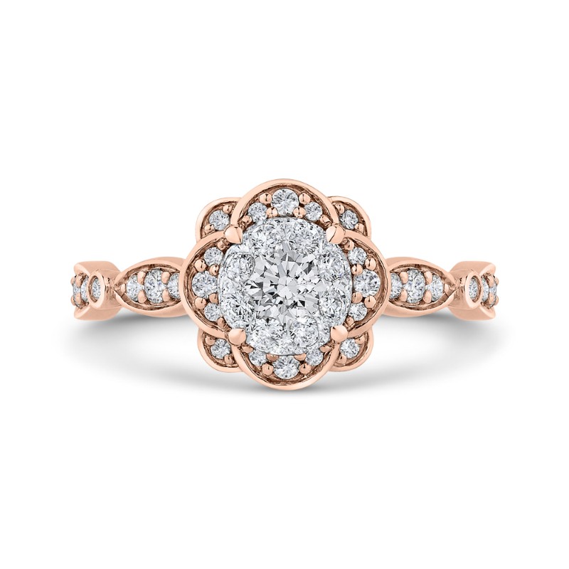 Round Diamond Flower Engagement Ring in 14K Two Tone Gold