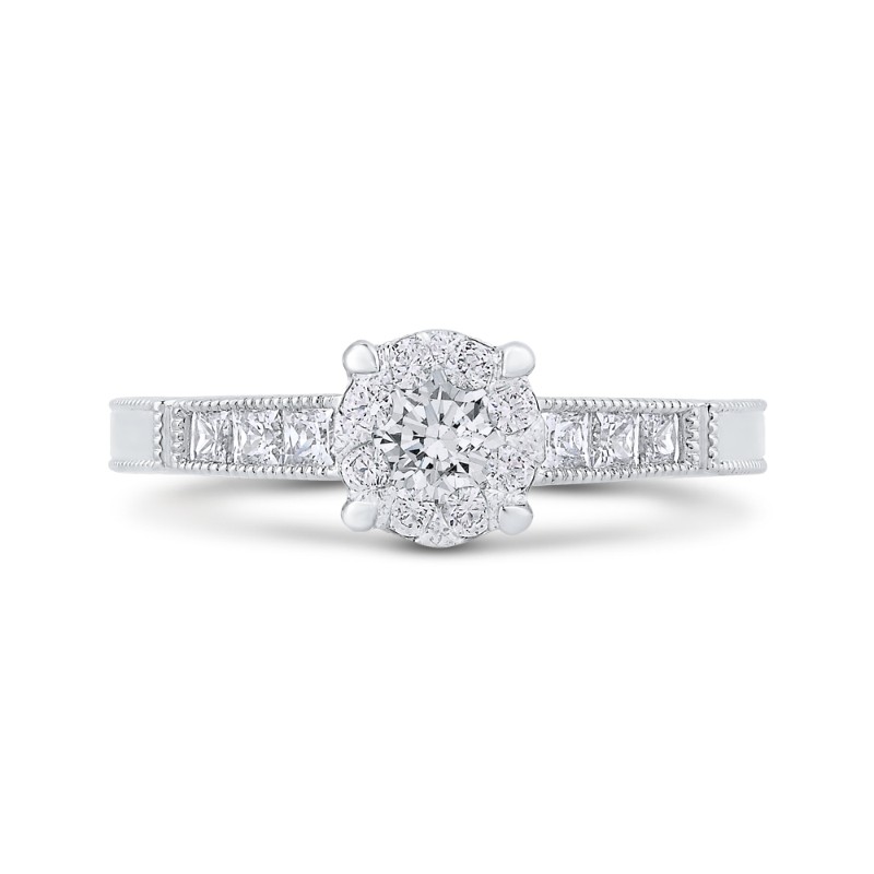 Round & Princess Cut Diamond Engagement Ring in 14K White Gold
