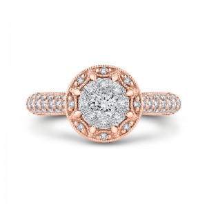 Round Diamond Flower Engagement Ring in 14K Two Tone Gold