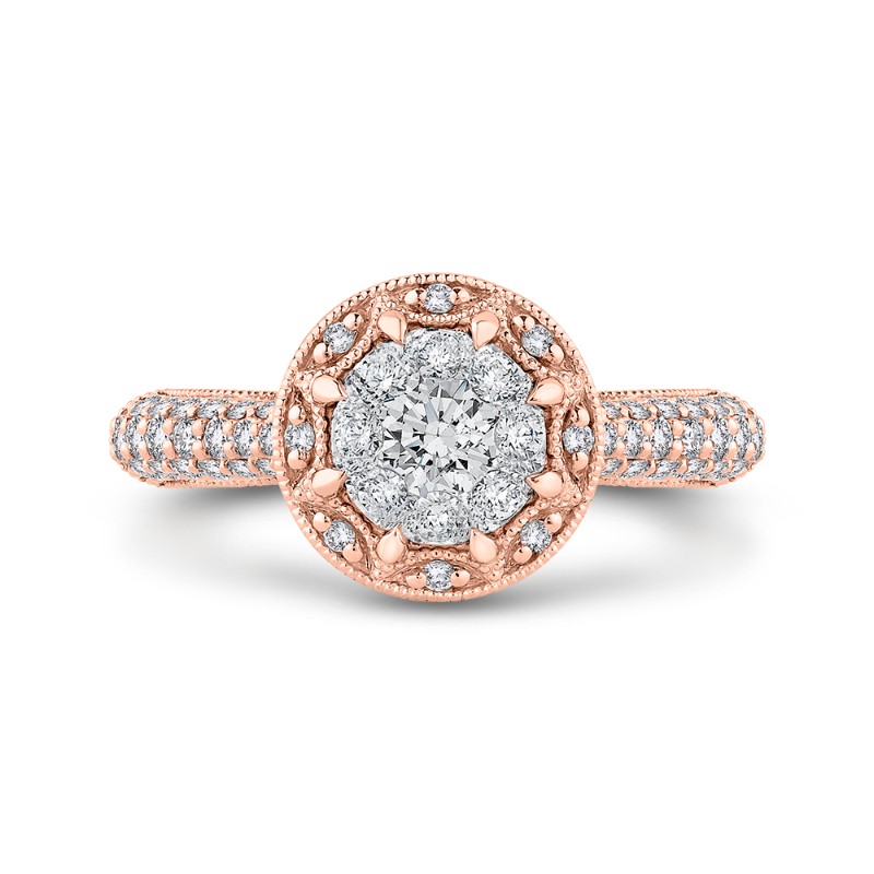 Round Diamond Flower Engagement Ring in 14K Two Tone Gold