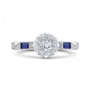 Round Diamond Engagement Ring with Baguette Cut Blue Sapphire in 14K White Gold