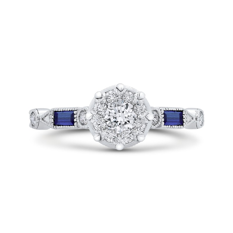 Round Diamond Engagement Ring with Baguette Cut Blue Sapphire in 14K White Gold