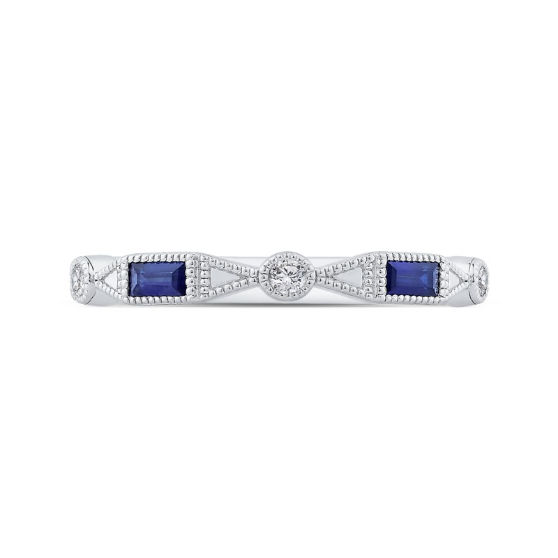Round Diamond Wedding Band with Sapphire in 14K White Gold