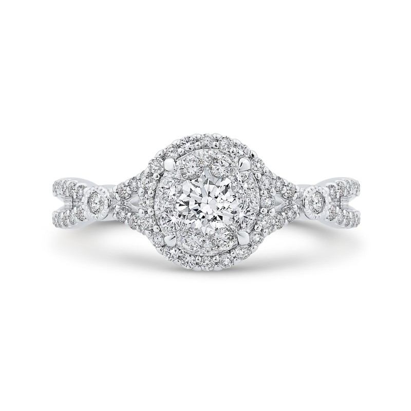 Split Shank Round Diamond Halo Engagement Ring in 14K White Gold