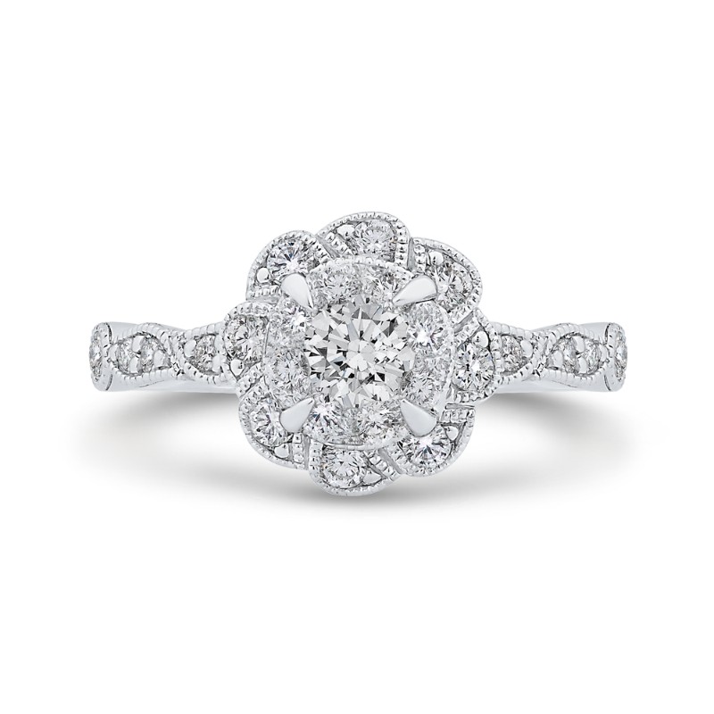 Round Diamond Floral Engagement Ring in 14K Two Tone Gold