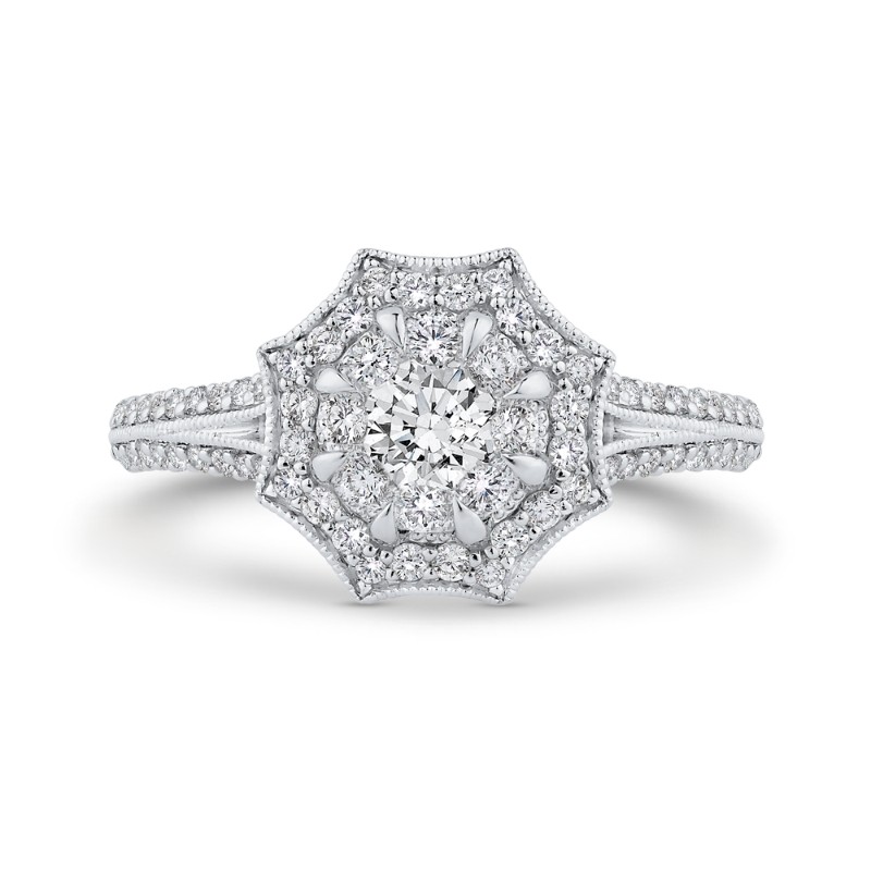 Split Shank Round Diamond Floral Halo Engagement Ring in 14K Two Tone Gold
