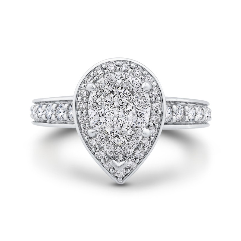 Round Diamond Pear Shape Halo Engagement Ring in 14K White Gold