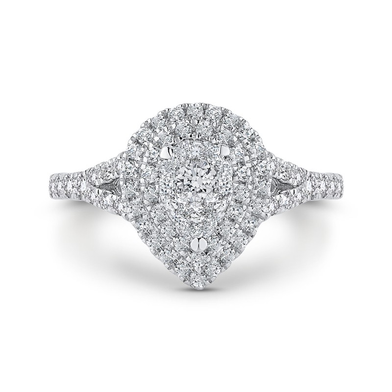 Split Shank Round Diamond Pear Shape Double Halo Engagement Ring in 14K White Gold