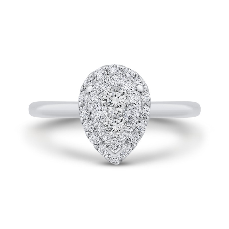 Round Diamond Pear Shape Halo Engagement Ring in 14K White Gold