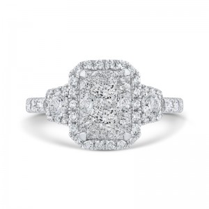 Round Diamond Emerald Shape Halo Engagement Ring in 14K White Gold
