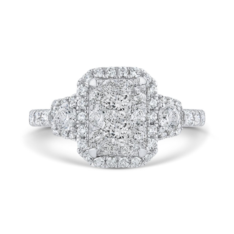Round Diamond Emerald Shape Halo Engagement Ring in 14K White Gold