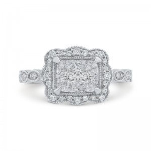 Euro Shank Round Diamond Emerald Shape Halo Engagement Ring in 14K White Gold