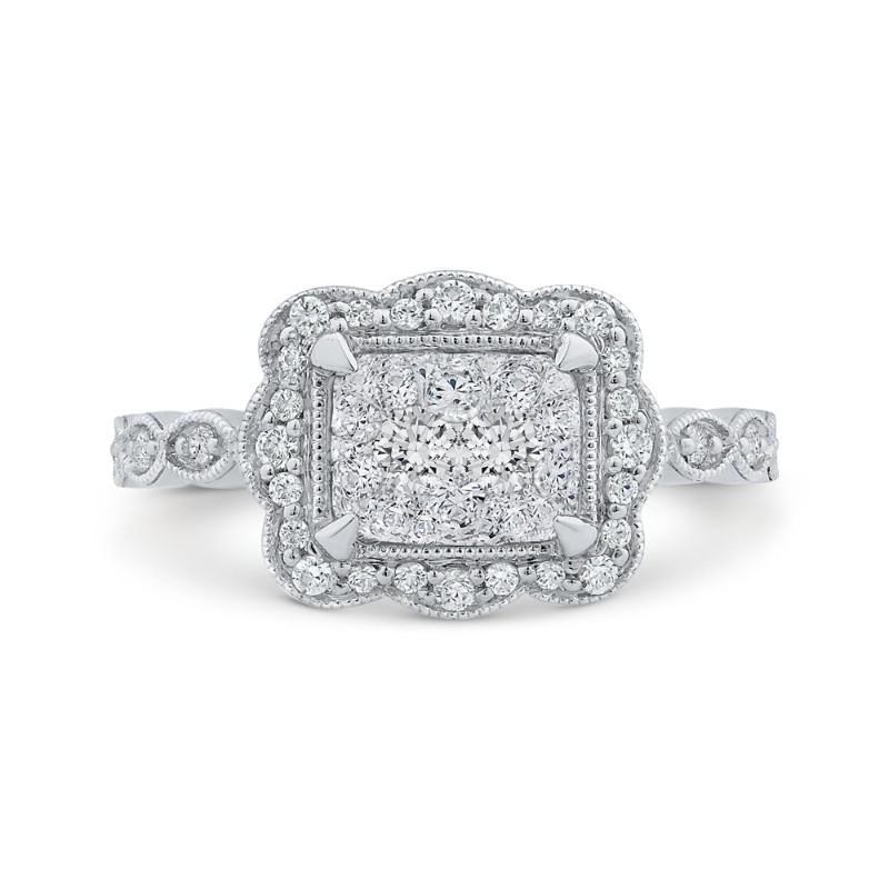 Euro Shank Round Diamond Emerald Shape Halo Engagement Ring in 14K White Gold