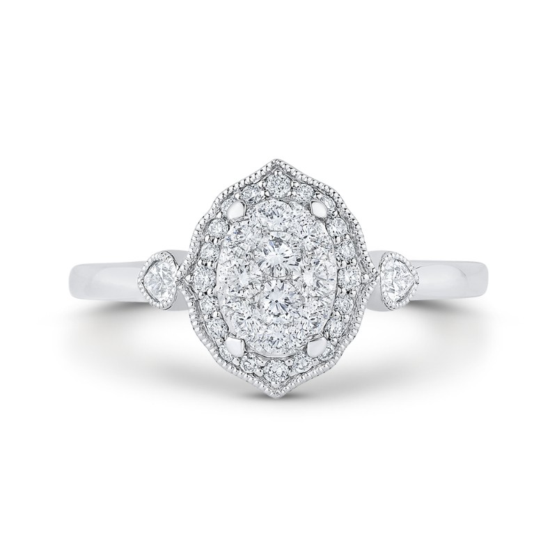 Round Diamond Oval Shape Halo Engagement Ring in 14K White Gold