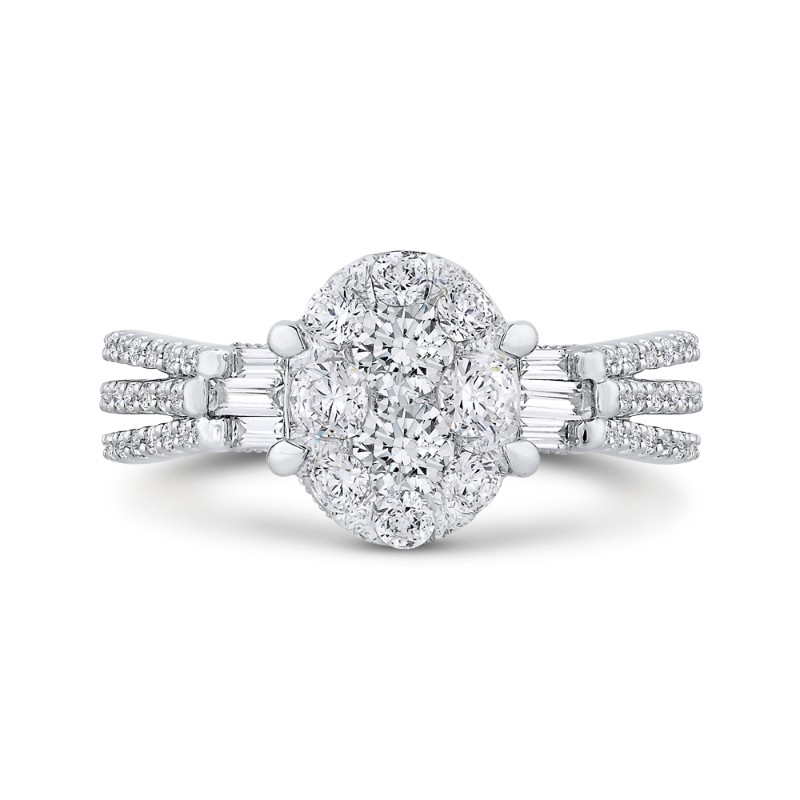 Round & Baguette Cut Diamond Engagement Ring in 14K White Gold