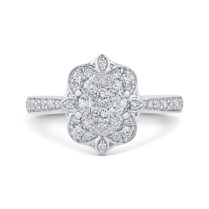 Round Diamond Floral Engagement Ring in 14K White Gold