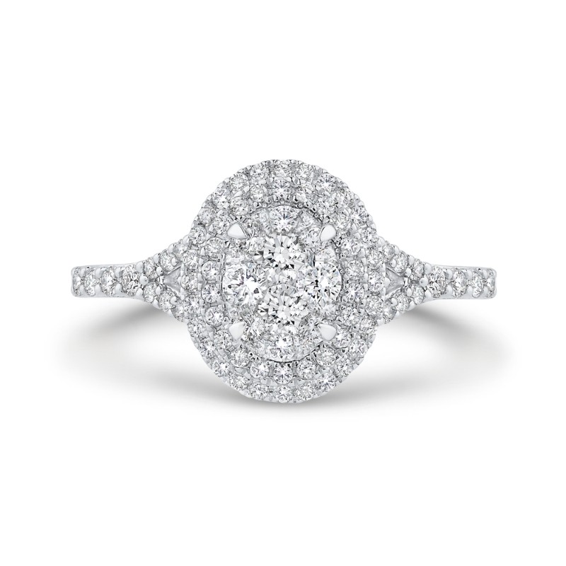 Split Shank Round Diamond Double Halo Engagement Ring in 14K White Gold