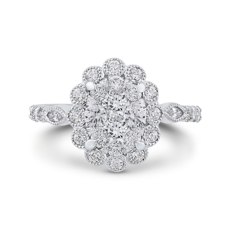 Round Diamond Oval Shape Halo Engagement Ring in 14K White Gold
