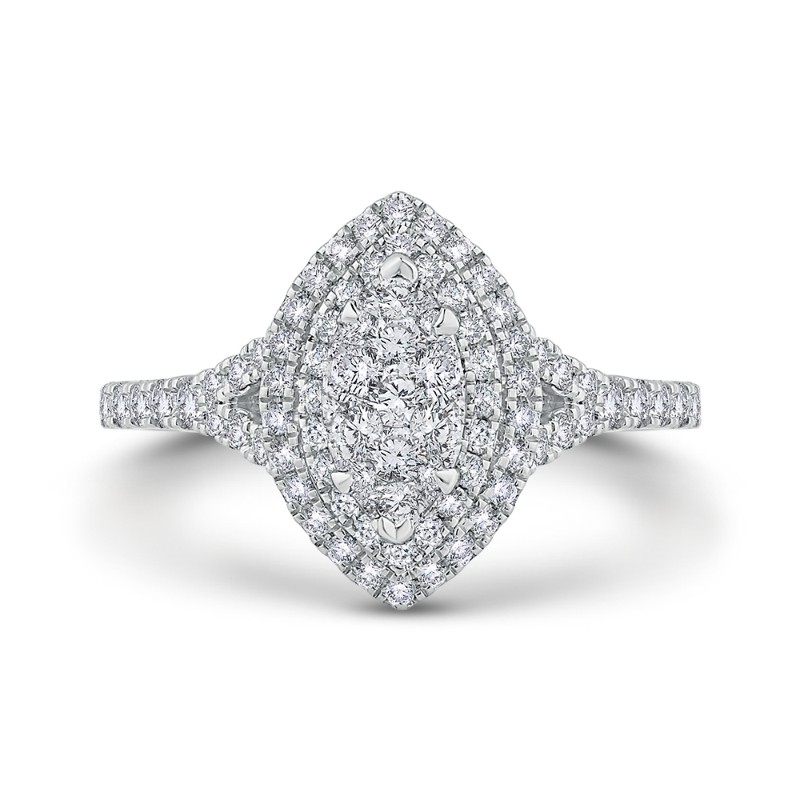 Split Shank Round Diamond Marquise Cut Shape Double Halo Engagement Ring in 14K White Gold